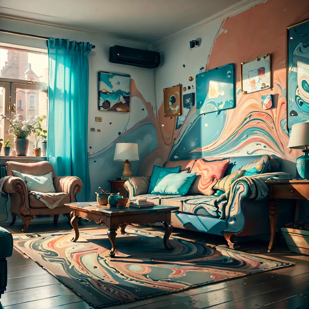 The image shows a living room with a large window, a sofa, a coffee table, a rug, two armchairs, and several paintings on the walls. The walls are painted in a light blue color, and the sofa is upholstered in a blue fabric with pink and green pillows. The coffee table is made of wood, and the rug has a geometric pattern. There is a large window that lets in plenty of natural light. The paintings on the walls are all different colors and styles. There is a plant in the corner of the room by the window.