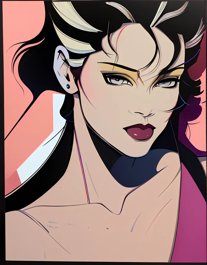 The image is a portrait of a woman with dark hair and light eyes. She is wearing a pink dress with a sweetheart neckline. Her hair is styled in a high ponytail and she is wearing a pearl earring. The background is a light pink color. The image is drawn in a realistic style and the colors are vibrant and saturated. The woman's expression is serious and she is looking at the viewer with her head tilted down at an angle.