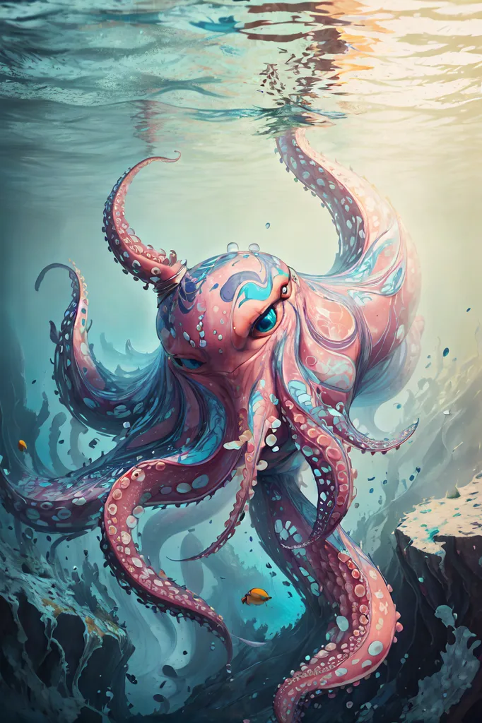 The image is a painting of an octopus. The octopus is pink and blue with a large eye and many tentacles. It is swimming in a blue ocean. The octopus is surrounded by coral and fish. The painting is very detailed and realistic.