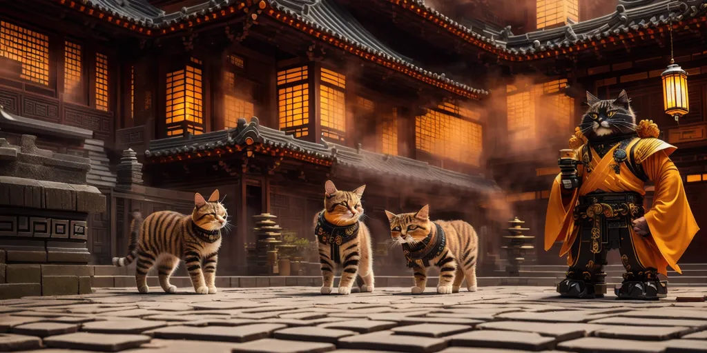 La imagen es una foto de tres gatos en un patio. Los gatos llevan collares y el del medio lleva una bata amarilla y tiene una espada. El patio está rodeado de edificios con arquitectura tradicional china.