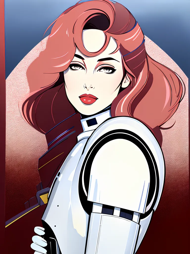 The picture shows a woman with bright red hair. She is wearing a white and red spacesuit with a clear bubble helmet. The spacesuit has a pattern of black and red stripes. The woman has red lipstick on and dark eyeshadow. She is looking at the viewer with her head tilted a bit downwards at an angle.