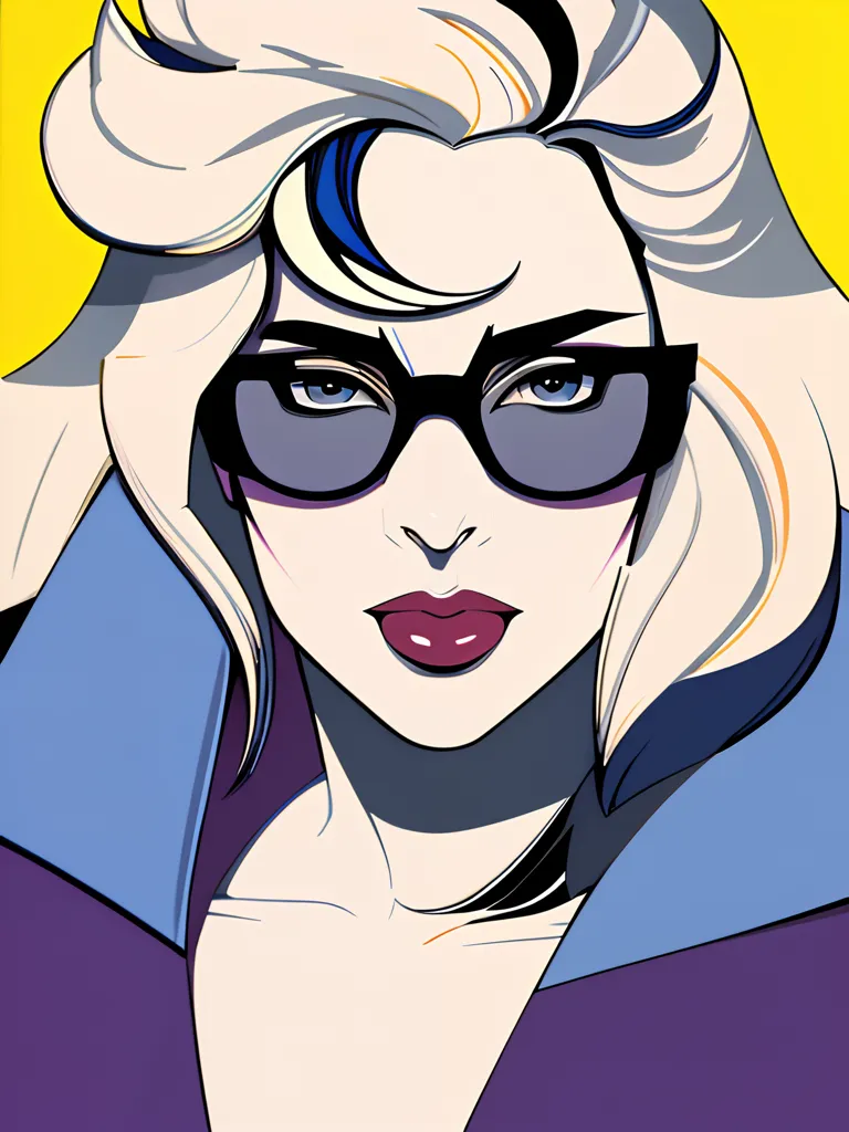 The image is a portrait of a woman with blonde hair, dark eyebrows, and red lips. She is wearing black glasses and a purple suit. The background is yellow. The woman has a confident expression on her face. She is looking at the viewer with her head tilted slightly to the right. Her hair is blowing to the right. She is wearing a dark blue turtleneck blouse under the purple suit.