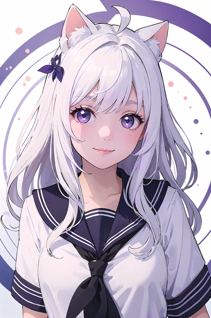 The image shows an anime-style girl with white hair and purple eyes. She is wearing a white and blue sailor-style school uniform with a purple bow. She has cat ears and a flower in her hair. She is smiling and looking at the viewer. The background is a light purple color with a white circle in the middle and some pink and purple dots around her.