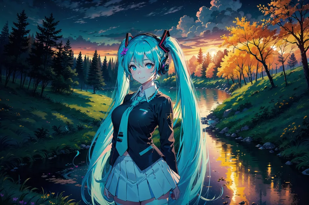 This image shows an anime-style girl with long, flowing teal hair and blue eyes. She is wearing a black jacket with a white collar and a pleated gray skirt. She is also wearing black headphones and a pink bow in her hair. She is standing in a forest near a river, surrounded by green trees and flowers. The sky is a gradient of orange and yellow, and the sun is setting. The girl is smiling and has her eyes closed.