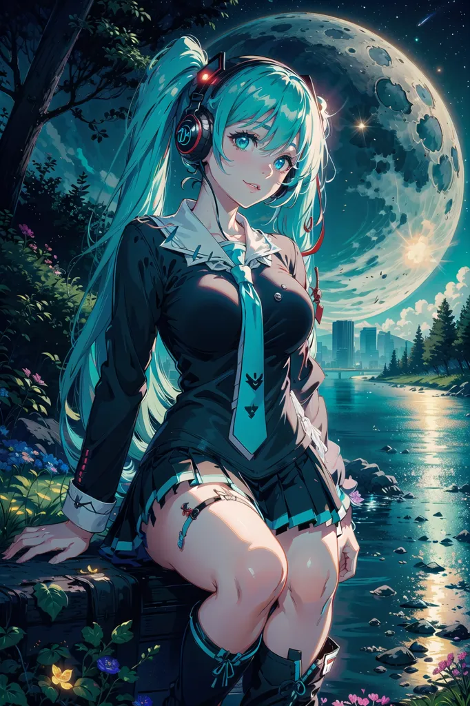 The image is a painting of a young woman with long blue hair. She is wearing a black suit with a white collar and a tie. She is also wearing headphones. The woman is sitting on a rock in front of a river. There is a large moon in the background. The woman is looking at the viewer with a smile on her face.