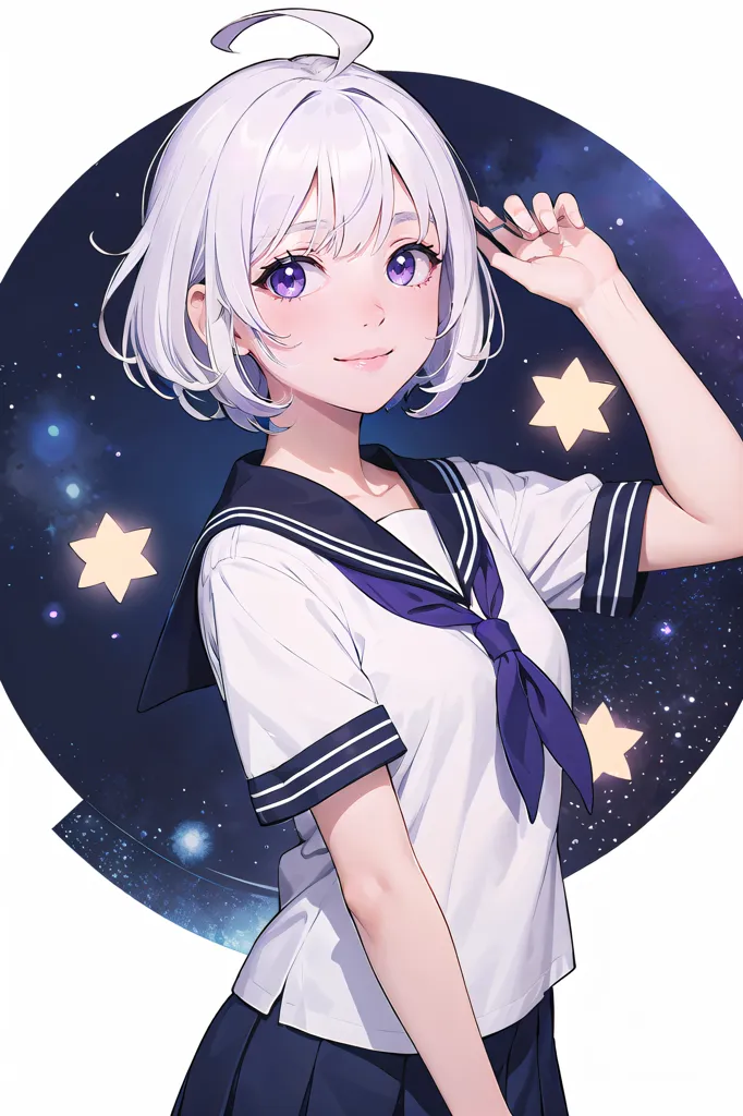 Esta é uma imagem de uma jovem garota com cabelos brancos curtos e olhos roxos. Ela está usando um uniforme escolar de estilo marinheiro branco e azul. Ela tem um sorriso suave no rosto e está olhando para o espectador. Há estrelas em seu cabelo e ao seu redor.