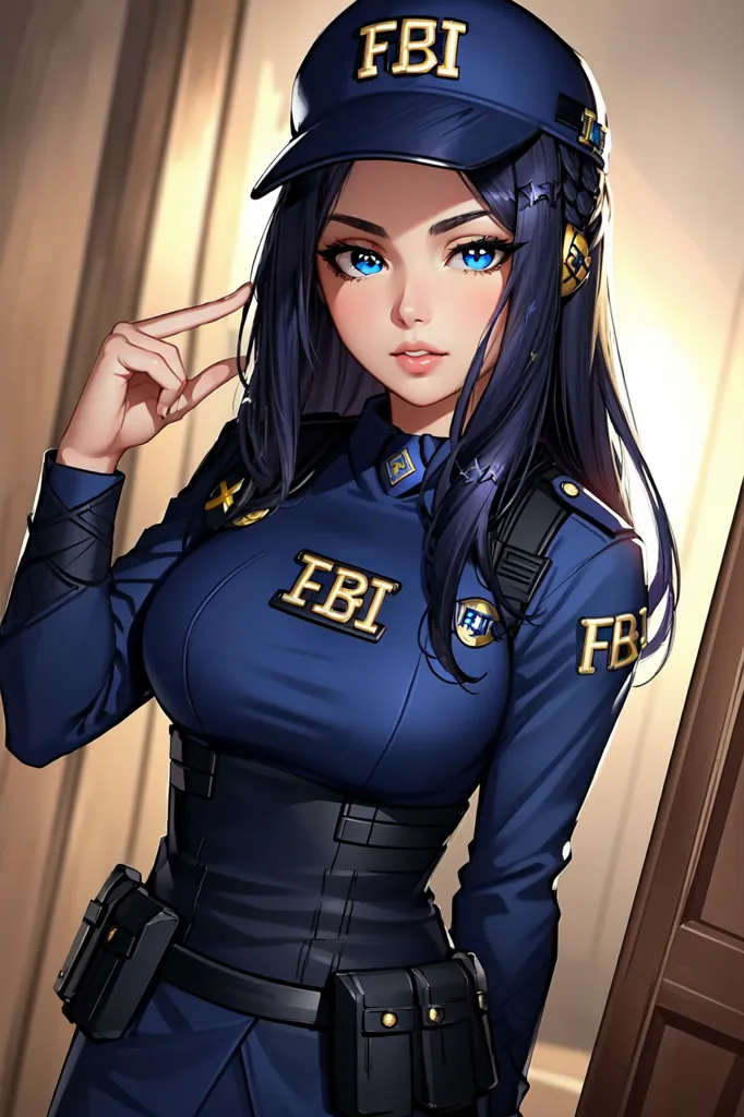 Esta es una imagen de una mujer joven con uniforme del FBI. Lleva una gorra azul con la palabra "FBI" en ella. La gorra le cubre la frente. Tiene el cabello largo y azul que le cae en ondas por la espalda. Sus ojos son de un azul claro y tiene largas pestañas negras. Lleva una chaqueta azul del FBI con la palabra "FBI" estampada en ella. La chaqueta está abrochada y lleva una corbata negra debajo. Tiene un cinturón negro y varios artilugios enganchados a él. También lleva una funda negra en la cadera derecha. Tiene una expresión severa en el rostro y mira al espectador con la mano derecha levantada a la sien.