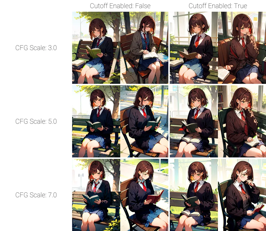 The image shows a comparison of images generated by a neural network model. The model is trained to generate images of a girl sitting on a bench and reading a book. The images are generated at different scales, and with different settings for the \