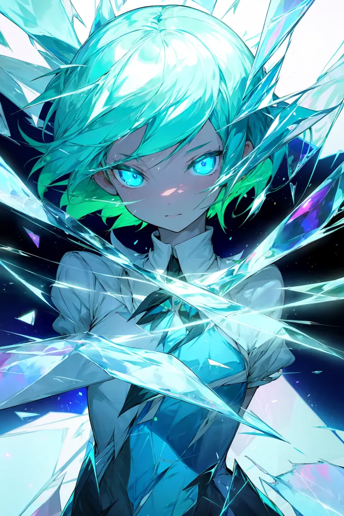 The image is a painting of a young woman with short green hair and blue eyes. She is wearing a white shirt with a blue bow. The background is white with a pattern of blue and green crystals. The woman is standing in front of the crystals, and she has a serious expression on her face. The painting is done in a realistic style, and the colors are vibrant and bright.