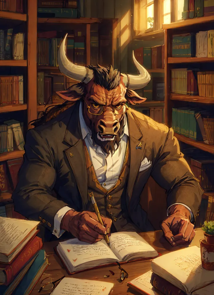 The image is of a minotaur sitting in a library, writing in a book. He is wearing a suit and vest, and has a pen in his hand. There are bookshelves all around him, and a potted plant on the shelf to his right. He has a thoughtful look on his face, as if he is considering what to write next.