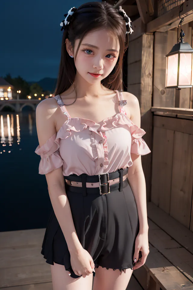 The image shows a young woman standing on a wooden dock at night. She is wearing a pink off-the-shoulder top with a belt and black shorts. Her hair is long and brown, and she has a small smile on her face. The background of the image is a lake with a bridge in the distance. The water is calm and there is a lantern on the dock.