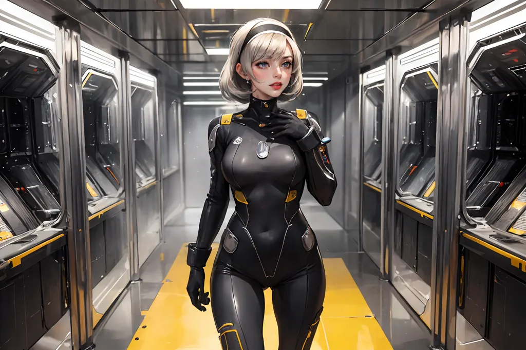 This is an image of a woman standing in a futuristic hallway. She is wearing a black and yellow bodysuit and has short blonde hair. The hallway is made of metal and has yellow lights on the walls.