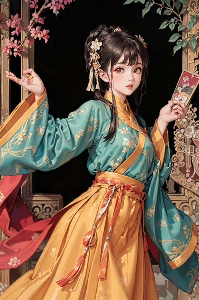 The image shows a beautiful young woman in a traditional Chinese dress. She is standing in front of a door, with one hand holding the door frame and the other holding a folding fan. The woman is wearing a long, flowing dress with intricate floral embroidery. Her hair is long and black, and she is wearing a traditional Chinese hairstyle with a bun and hairpins. The woman's face is delicate and beautiful, with a small nose, full lips, and big, expressive eyes. The overall effect of the image is one of beauty, elegance, and mystery.