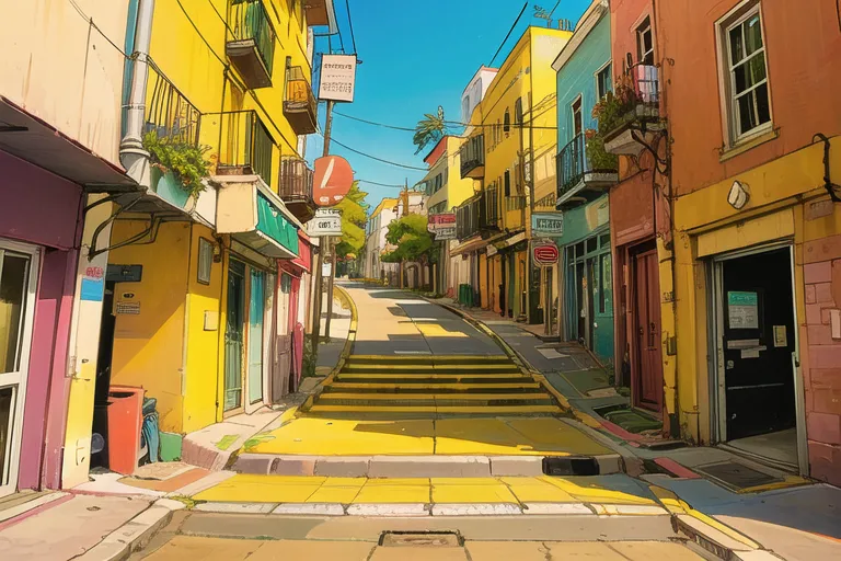 The image shows a street with colorful buildings on both sides. The street is made of yellow bricks and there are some stairs leading up to the street. There are a few trees and plants on the street. The sky is blue and there are some clouds in the sky. The buildings are mostly yellow, orange, and blue. There are a few people walking on the street.