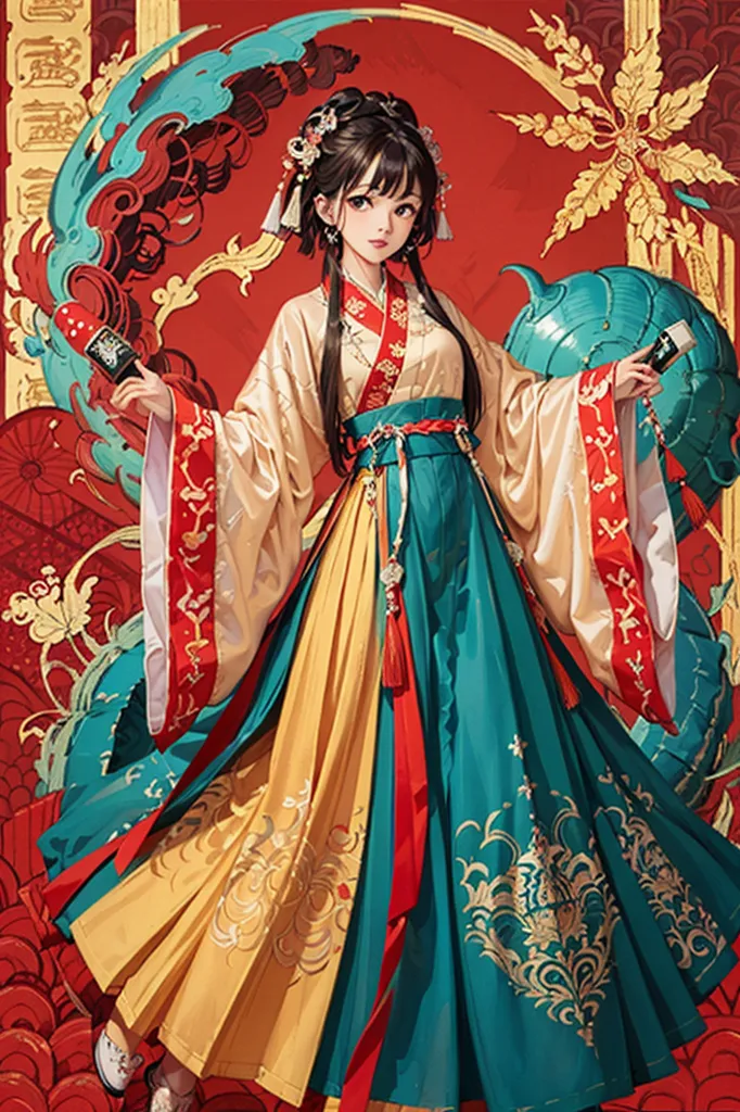 L'image montre une jeune femme portant une robe traditionnelle chinoise. La robe est jaune et verte avec des accents rouges et dorés. La femme a de longs cheveux noirs et porte un couvre-chef rouge et doré. Elle porte également des boucles d'oreilles et un collier rouges et dorés. La femme se tient devant un fond rouge avec un motif de dragon bleu et doré.