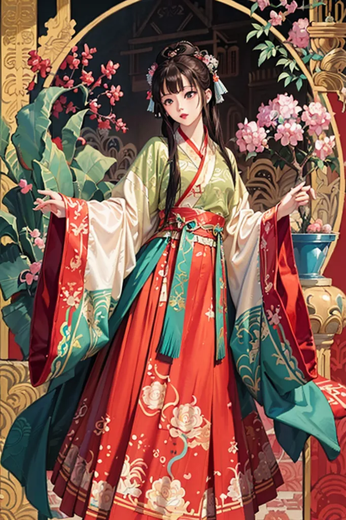 A imagem mostra uma jovem mulher vestindo um vestido tradicional chinês com vermelho e verde como as cores principais. O vestido tem padrões e designs intrincados. A mulher tem cabelos pretos longos e está usando uma peça de cabelo vermelha e branca. Ela está em pé em um jardim exuberante com plantas verdes e flores rosas. Há uma estrutura de pedra com um vaso atrás dela. O fundo é um edifício de estilo chinês com paredes vermelhas e telhados amarelos.