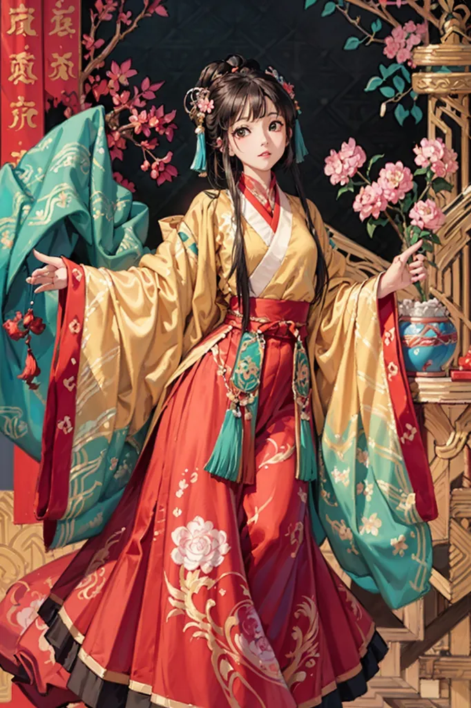 A imagem mostra uma jovem mulher vestindo um vestido tradicional chinês. O vestido é vermelho e dourado com bordados florais intrincados. A mulher tem cabelos pretos longos e está usando um adereço de cabeça tradicional chinês. Ela está em pé em frente a uma entrada.