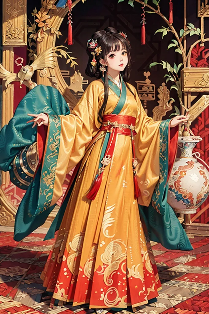 The image shows a young woman in a traditional Chinese dress. The dress is yellow and green with intricate patterns and designs. The woman has long black hair and is wearing a red sash around her waist. She is standing in a room with a red carpet and there are plants and trees in the background.