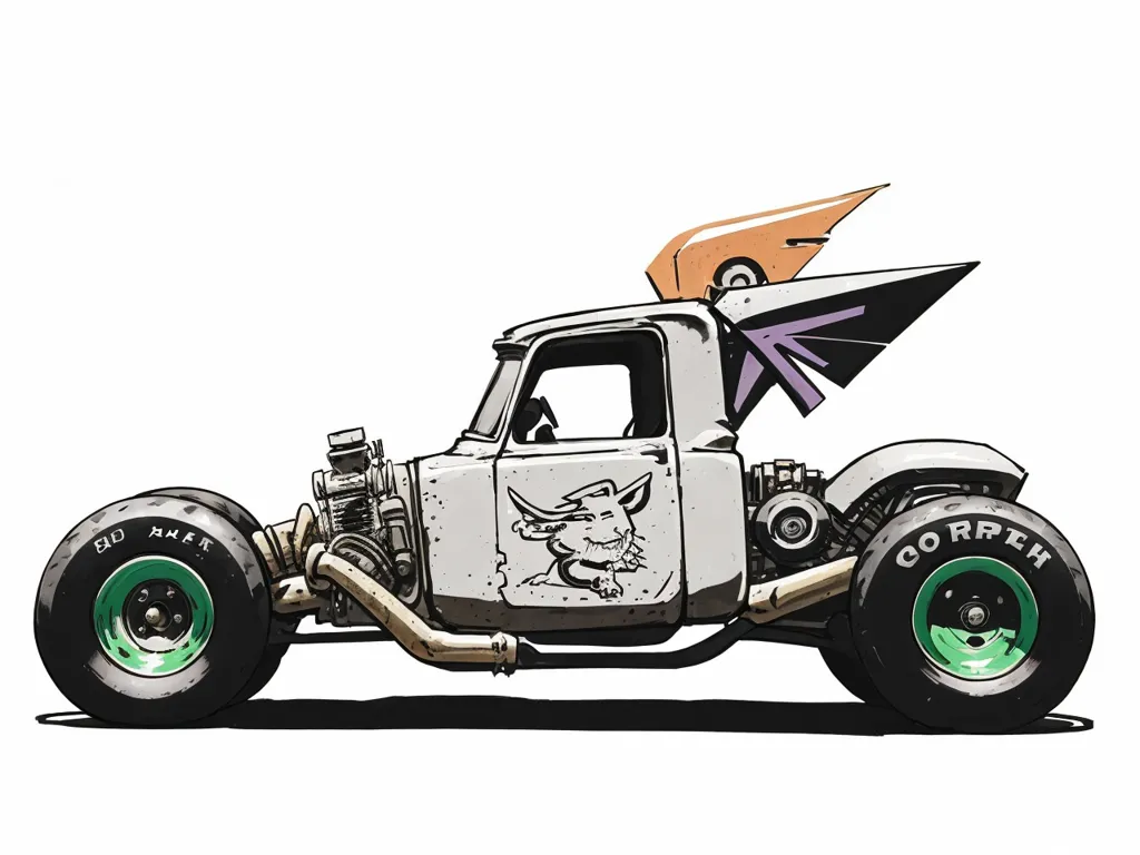 The image shows a retro futuristic hot rod. It is a light grey color with green wheels and an orange fin on the back. The car has a large engine and a blower sticking out of the hood. There is a decal on the door of a creature with horns and a unibrow. The word \