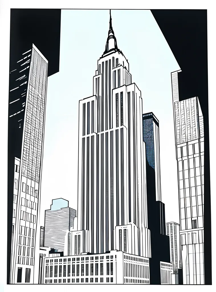 L'image est un dessin en noir et blanc de l'Empire State Building. Le bâtiment est au centre de l'image et est entouré d'autres gratte-ciel. Les bâtiments sont tous dessinés dans un style géométrique simple et sont tous en noir et blanc. L'image a un fort sens de la verticalité et c'est un bon exemple de la façon dont des formes géométriques simples peuvent être utilisées pour créer quelque chose de complexe et d'intéressant.