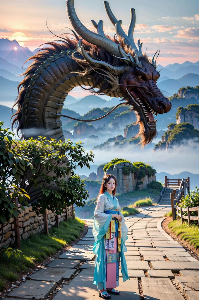 The image is a beautiful landscape of a mountain range with a lake in the foreground. The sky is blue and there are some clouds. There is a stone path in the foreground that leads to a pavilion. There is a dragon statue on the left side of the path. A woman in a traditional Chinese dress is standing in the middle of the path. She has her hands clasped in front of her and is looking at the dragon.
