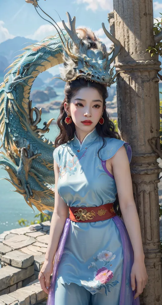 The picture shows a young woman in a blue dress with a red sash standing next to a stone pillar. She has an elaborate headdress with a dragon design and is wearing red earrings. The background is a lake with a mountain in the distance.