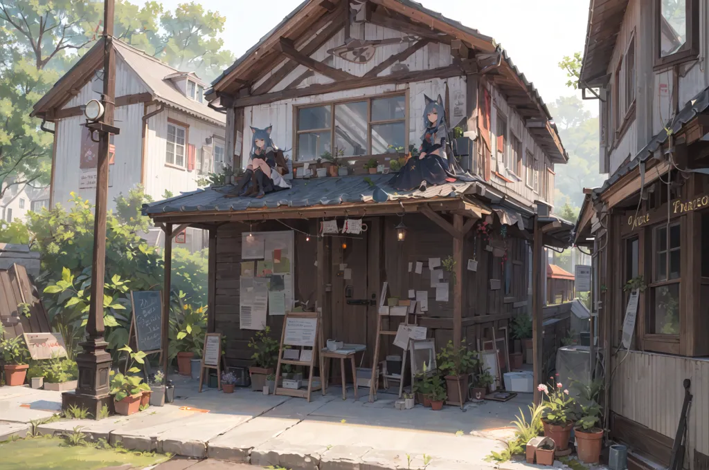 L'image représente deux jeunes filles au style anime avec des oreilles de chat assises sur le toit d'une maison. La maison est en bois et porte une enseigne \