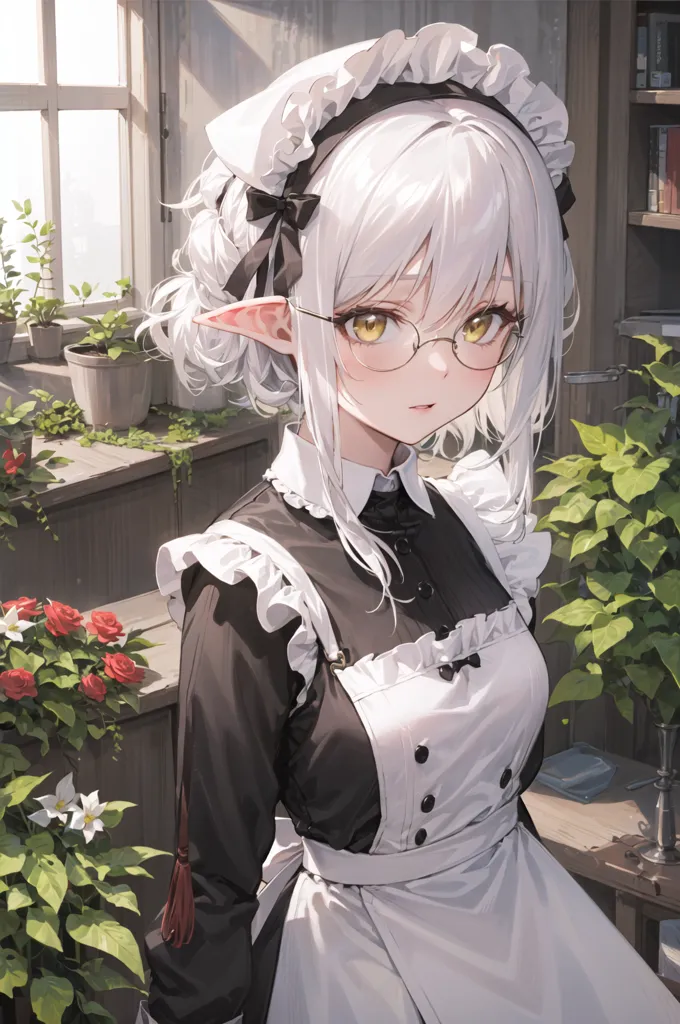 The image depicts a young woman with long white hair and pointed ears wearing a black and white maid outfit. She is standing in a greenhouse, surrounded by plants and flowers. The woman is looking at the viewer with a shy smile on her face. She is wearing a white apron and a black dress with a white collar. The dress has a row of buttons down the front. The woman's hair is tied back in a bun and she is wearing glasses.