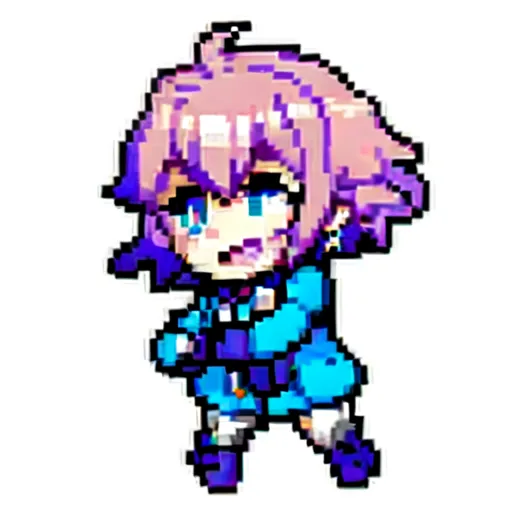 Ceci est une image de pixel art 8 bits d'une fille aux cheveux roses et aux yeux bleus. Elle porte une veste bleue et des bottes blanches. Elle est dans une pose de danse.