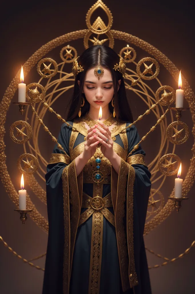 The image shows a beautiful woman with long black hair and blue eyes. She is wearing a golden dress with intricate designs and a golden headpiece. She is standing in front of a large golden frame with candles on it. The woman has her eyes closed and is holding a candle in her hands. She is surrounded by a soft light. The image is very detailed and looks like a painting.