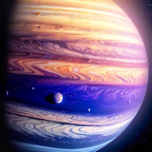 Gambar ini menunjukkan planet Jupiter. Planet tersebut sebagian besar berwarna oranye dan kuning, dengan beberapa awan putih dan ungu. Ada juga empat bulan yang mengorbit planet tersebut. Bulan-bulan tersebut semuanya kecil dan berwarna putih. Planet ini sangat besar dan mendominasi gambar. Bulan-bulan tersebut jauh lebih kecil dan tersusun dalam satu baris di bawah planet.