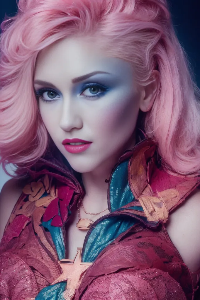 The image shows a woman with pink hair and blue eyes. She is wearing a red and blue outfit with a lot of detail. The image is a close-up of her face, and she is looking at the viewer with her head tilted a bit downwards at an angle.