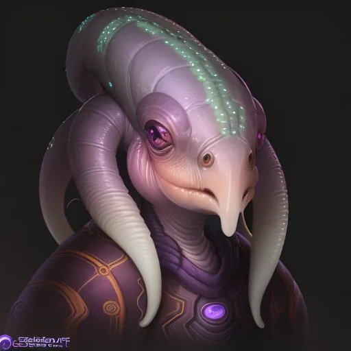 The image shows a head of an alien creature. The creature has a light purple skin with dark purple markings on its face. It has large, almond-shaped eyes with dark purple irises and no pupils. Its nose is long and beak-like, and its mouth is small and lipless. The creature has two long, tentacle-like appendages on the top of its head and two shorter tentacles on the sides of its face. It is wearing a purple collar with a silver clasp. The background is dark grey.