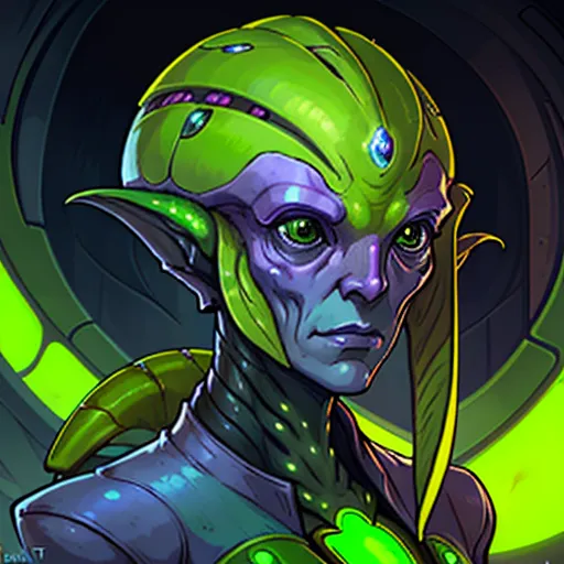 La imagen muestra un alien verde con una cabeza grande y ojos verdes grandes. Lleva un casco verde con gemas púrpuras. La piel del alien es púrpura y tiene una barbilla larga y puntiaguda. Lleva un traje negro y verde con una gema verde en el pecho. El fondo es de color verde oscuro.