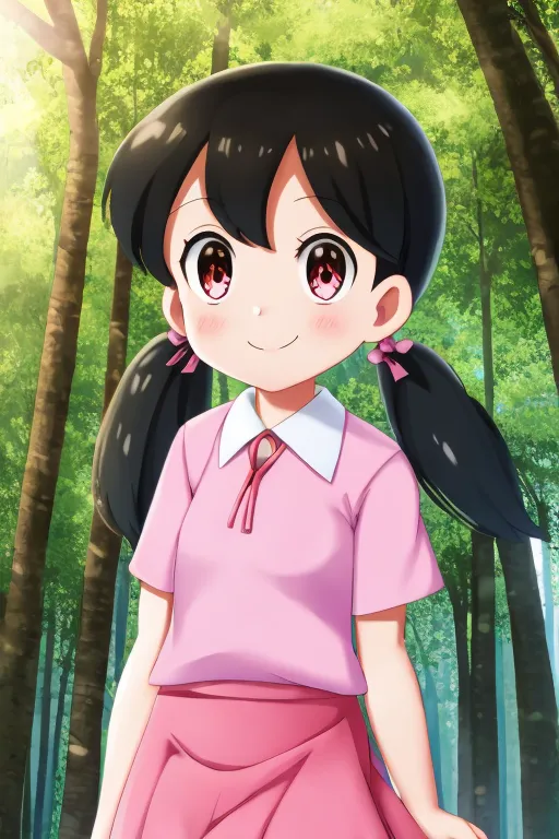 The image shows a young girl with black hair and pink eyes. She is wearing a pink shirt and a white pleated skirt. Her hair is tied up in two pigtails. She has a friendly smile on her face. She is standing in a forest. The trees are tall and green. The sun is shining through the trees.