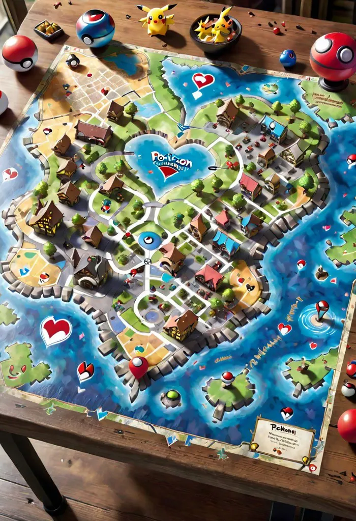 The image shows a board game based on the Pokémon franchise. The board is in the shape of a heart and features various locations from the Pokémon world, such as Pallet Town, Viridian City, and Pewter City. There are also a number of Pokémon figures on the board, including Pikachu, Charmander, and Squirtle. The board is surrounded by a wooden frame, and there are several other Pokémon figures on the table next to the board.