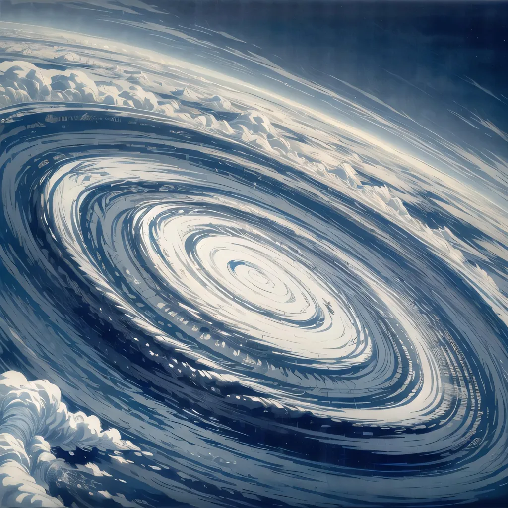 The image is depicting a hurricane or a whirlpool. The swirling clouds and the funnel shape are very characteristic of a hurricane. The colors are mostly blue and white, which gives the image a cold and stormy feeling. The image is very dynamic and conveys a sense of power and danger.