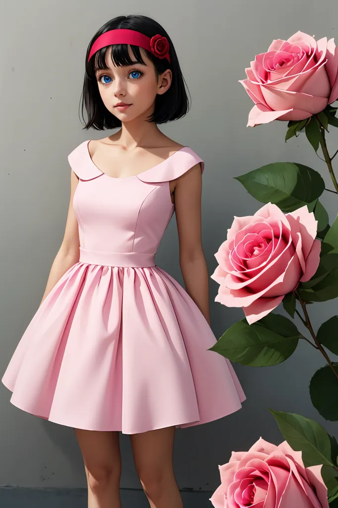 The picture shows a beautiful girl with black hair and blue eyes. She is wearing a cute pink dress with a white collar. There are three giant pink roses next to her. The girl is standing in front of a grey wall. She is looking at the camera with a gentle smile on her face.