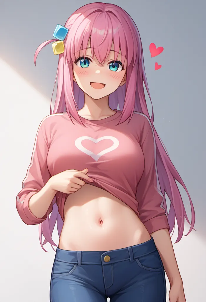 The image depicts an anime girl with pink hair and blue eyes. She is wearing a pink long-sleeved shirt and blue jeans. She has a heart-shaped symbol on her shirt. She is smiling and has a happy expression on her face.