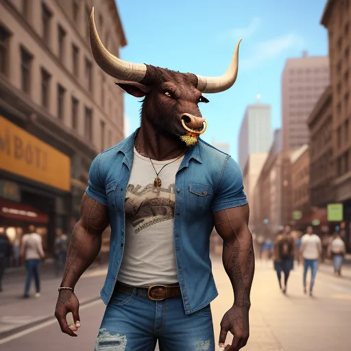 Gambar ini menunjukkan seorang minotaur yang berotot, makhluk dengan kepala dan tanduk sapi serta tubuh seorang pria. Dia berdiri di lingkungan perkotaan, mengenakan kaos putih, celana jeans biru, dan ikat pinggang coklat. Dia memiliki cincin hidung emas dan rantai emas di lehernya. Minotaur itu melihat ke kanan bingkai, dengan ekspresi serius di wajahnya. Latar belakang gambar adalah jalan yang ramai dengan orang-orang berjalan di kedua sisi. Ada gedung-gedung dan mobil di latar belakang. Gambar ini dibuat dengan gaya realistis, dengan tekstur dan pencahayaan yang detail.