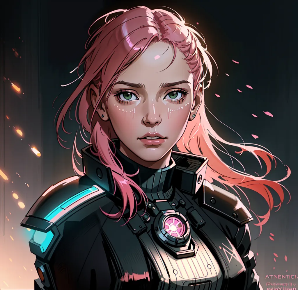 This is an image of a young woman with pink hair. She is wearing a black and blue outfit and has a device on her chest. She is looking at the viewer with a serious expression. There are flames in the background.