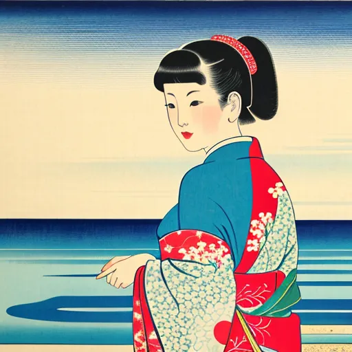 Esta es una pintura de una mujer japonesa con un kimono azul con diseños florales rojos y blancos. Ella está de pie en una playa, mirando hacia el océano. El agua es de un color azul profundo y las olas se estrellan suavemente en la orilla. El cielo es de un color azul claro y no hay nubes en el cielo. El cabello de la mujer es negro y corto, y lleva una diadema roja. Sus labios son rojos y sus ojos son de color marrón oscuro. Ella está de pie con su mano derecha a su lado y su mano izquierda extendida frente a ella. Lleva un adorno tradicional japonés para el cabello llamado kanzashi.