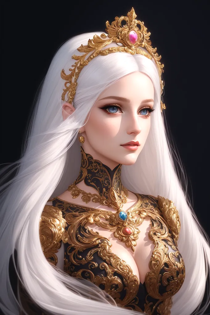 The image shows a beautiful woman with long white hair and blue eyes. She is wearing a golden crown and a golden necklace with a blue gem in the center. Her dress is black and gold, and it has a plunging neckline. The woman is standing in front of a dark background, and she is looking at the viewer with a serious expression.