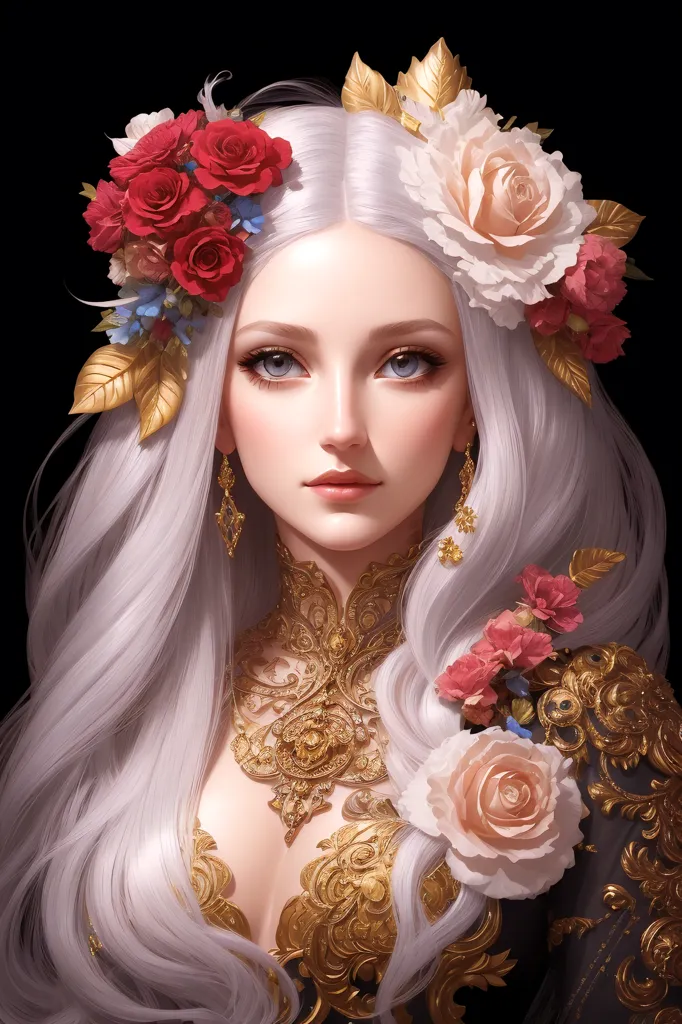 L'image montre une belle femme aux longs cheveux blancs ondulants. Elle porte un collier doré et un serre-tête doré avec des roses rouges et blanches. Ses yeux sont bleus et sa peau est claire. Elle porte une robe blanche à décolleté plongeant. L'arrière-plan est noir.