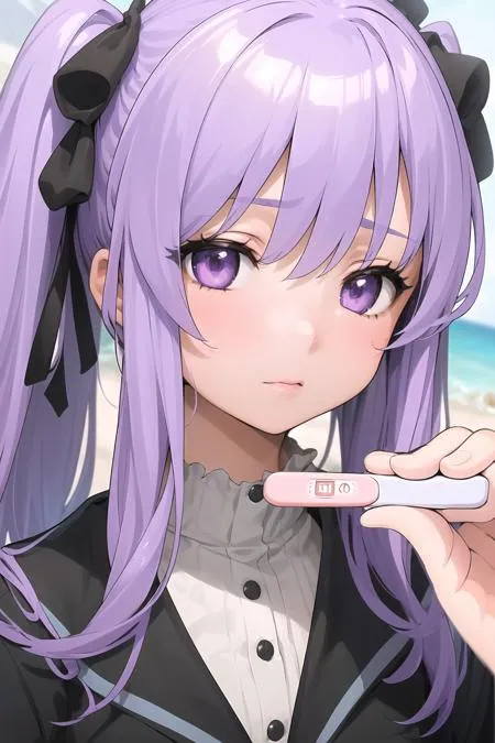 The image shows an anime girl with purple twintails holding a pregnancy test. The girl is looking at the test with a worried expression on her face. She is wearing a white shirt with a black vest and has a black bow in her hair. The background is a blurred beach scene with palm trees.