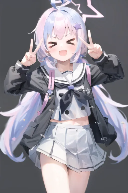 The image shows an anime girl with long pink and blue hair. She is wearing a white shirt, a gray skirt, and a black jacket. She is also wearing a pink bow in her hair and has a star-shaped ahoge. She has a cheerful expression on her face and is making a peace sign with both hands.