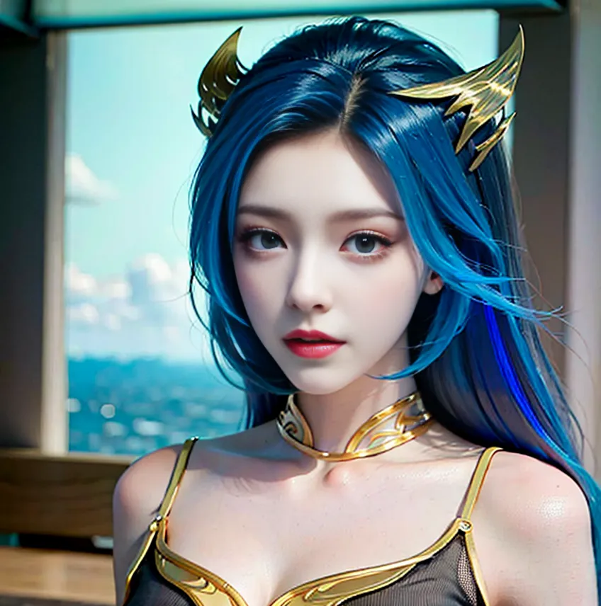 La imagen muestra a una mujer joven con el cabello largo y azul y ojos azules. Lleva una diadema dorada y un collar dorado. Viste un top de bikini negro y dorado. Tiene una expresión seria en el rostro. Está de pie frente a un fondo azul y blanco.