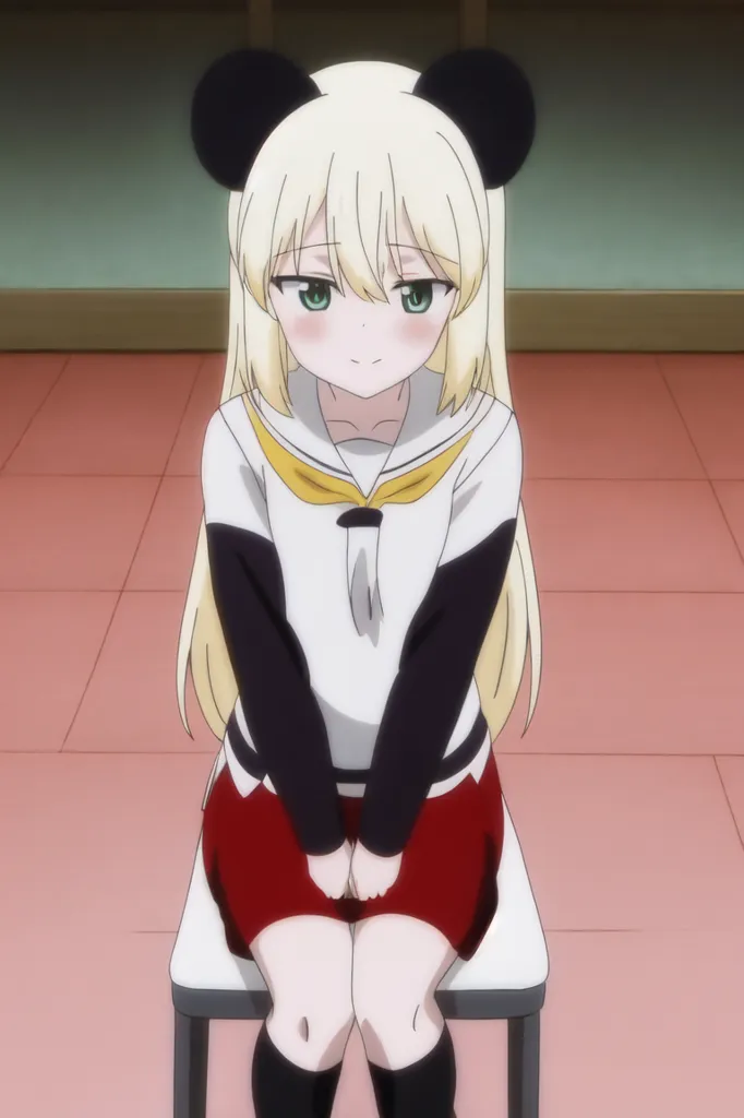 The image shows a young girl with long blonde hair and green eyes. She is wearing a white and black sailor-style shirt, a red skirt, and black socks. She also has panda ears on her head. She is sitting on a chair and has her hands clasped in her lap. She is looking at the viewer with a shy smile on her face. The background is a blurred orange color.