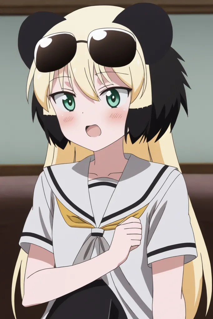 The image shows a girl with long blonde hair and green eyes. She is wearing a white shirt with a black collar and a yellow tie. She also has panda ears and sunglasses on her head. She is looking at the viewer with a surprised expression on her face.