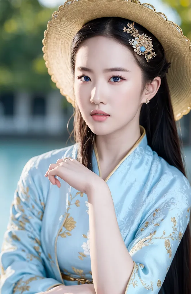 A young woman is wearing a wide-brimmed, tan-colored straw hat with a decorative gold band and a blue silk flower on the right side. The hat is trimmed with a brown band. She has long, dark hair with a few loose strands framing her face. Her skin is fair and flawless. She is wearing a blue silk dress with white and gold floral embroidery. The dress has a high collar and long sleeves. She is also wearing a gold necklace and a gold bracelet on her right wrist. She is sitting in a pavilion, with a blue and white patterned floor. There is a large lotus pond in the background.